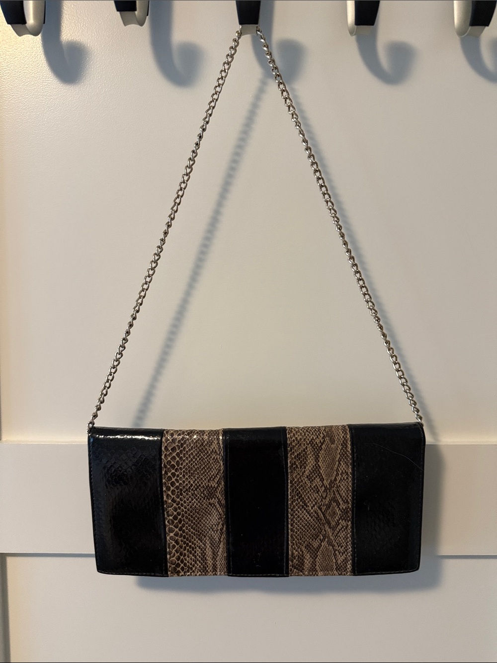 Striped Black and Brown Snake-Print Chain Clutch